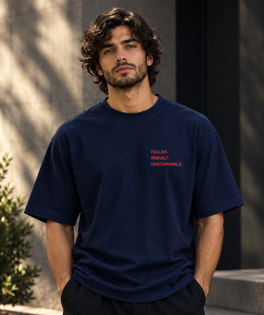Fallen Rebuilt Streetwear Oversized Drop Shoulder Tee-Navy Blue