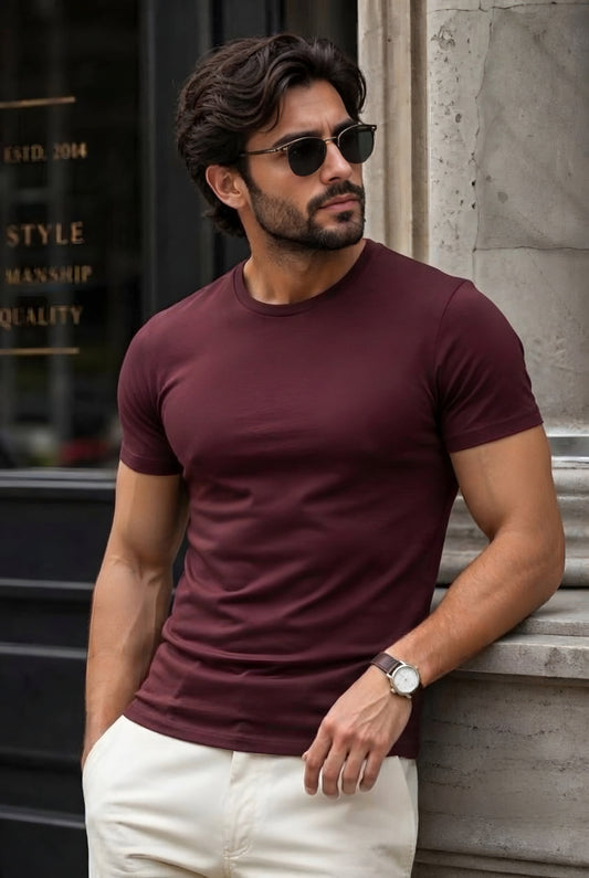 MINIMALIST REGULAR SLIM FIT MAROON TEE - 240 GSM FRENCH TERRY