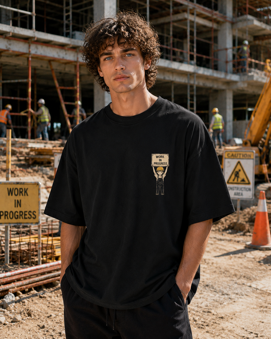 Work in Progress-Oversized Drop Shoulder Streetwear Tshirt-Black Colour