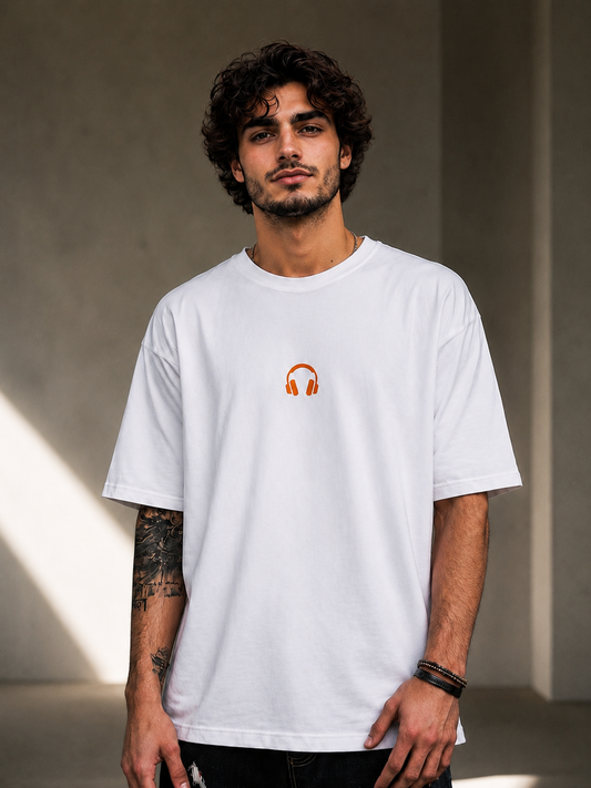 Headphone Oversized Drop Shoulder Tshirt-White Colour