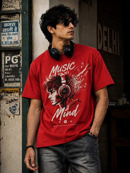 Live Through Music-Oversized Drop Shoulder Tshirt-Crimson Red