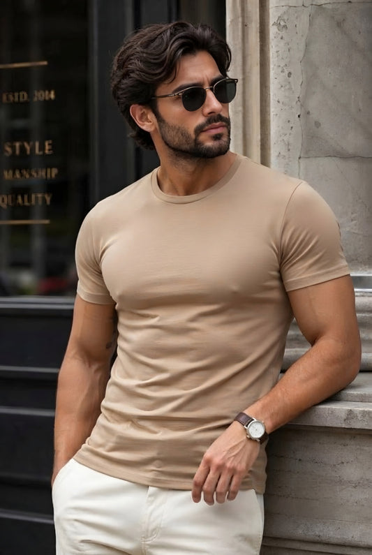 MINIMALIST REGULAR SLIM FIT BEIGE TEE - 240 GSM FRENCH TERRY