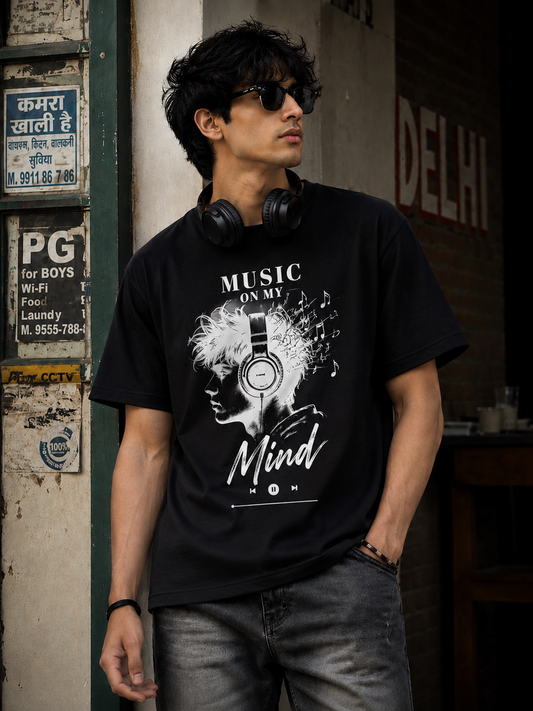 Live Through Music-Oversized Drop Shoulder Streetwear Tshirt-Black Colour