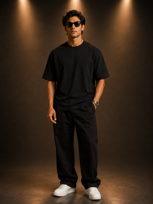 oversized drop shoulder t-shirt-plain Black Colour