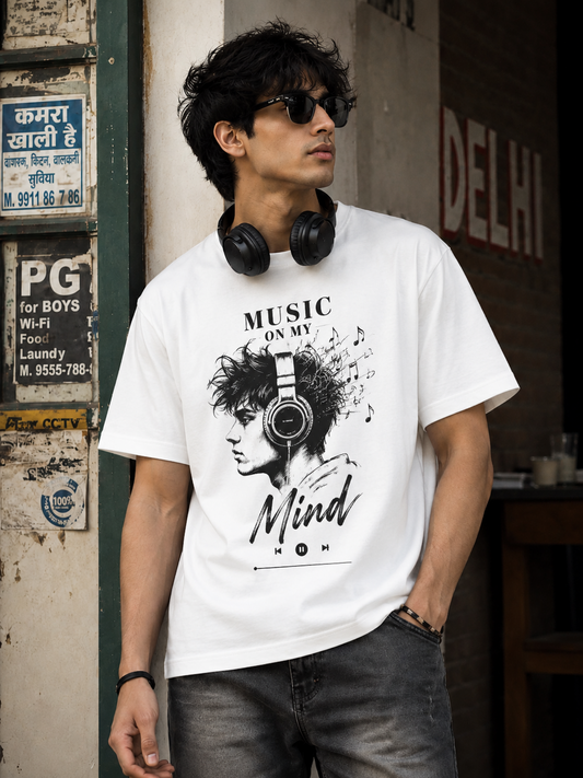 Live Through Music-Oversized Drop Shoulder Tshirt-White Colour