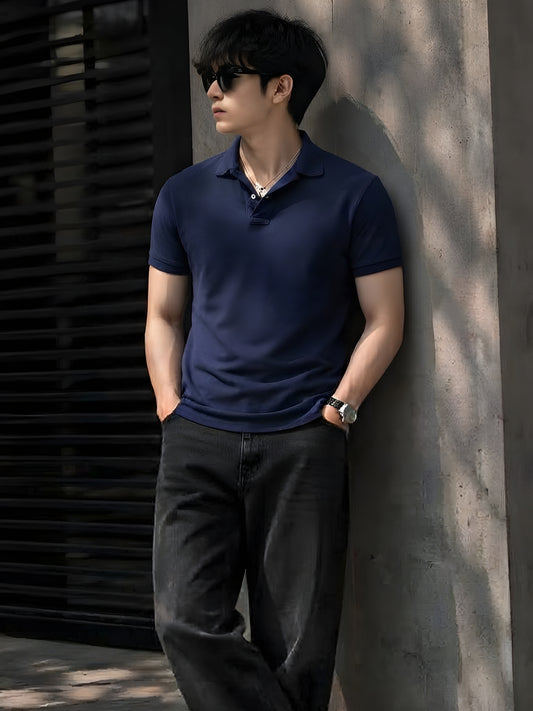 CLASSIC SOLID NAVI BLUE POLO TEE - 240 GSM FRENCH TERRY