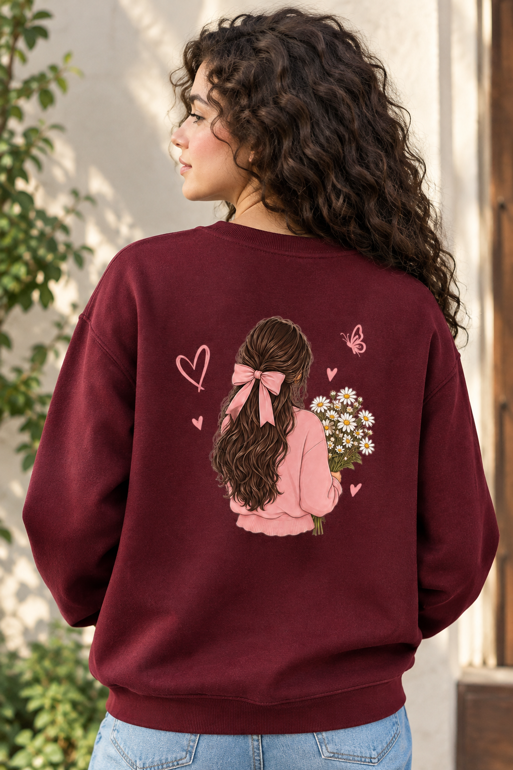Girl With Flower- Crewneck Maroon Sweatshirt-300 GSM