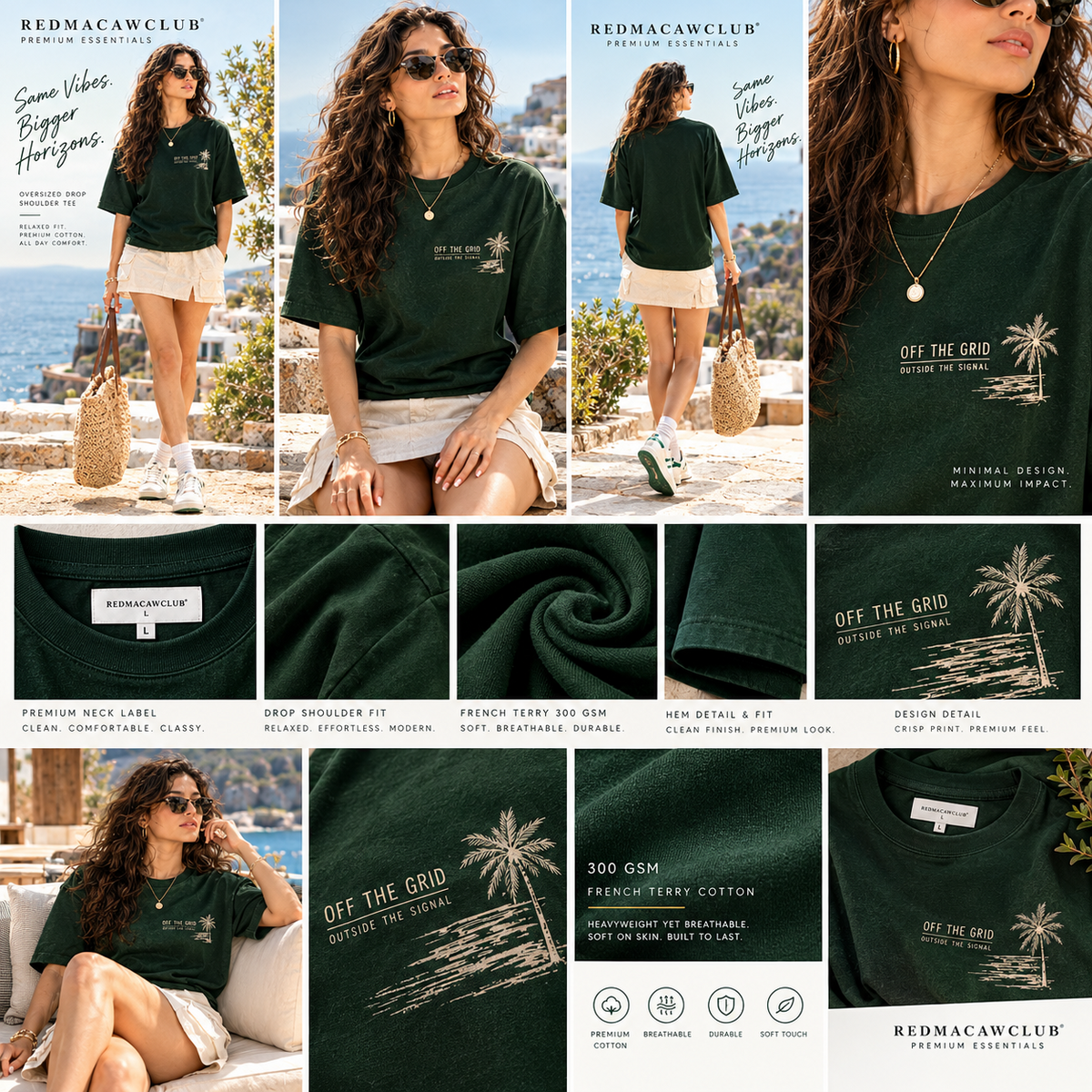 OFF THE GRID OVERSIZED DROP SHOULDER GREEN TEE - 240 GSM FRENCH TERRY