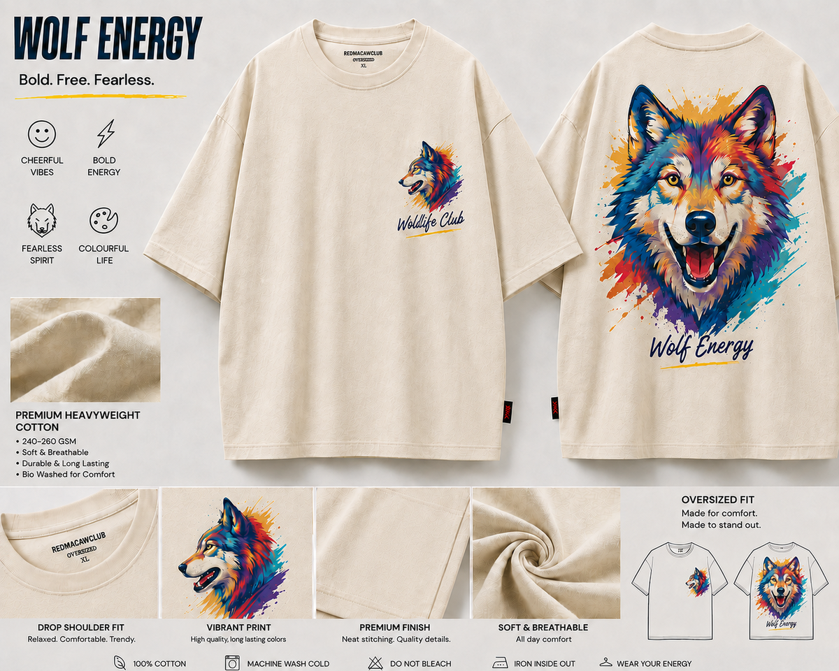 Wildlife Club-Oversized Drop Shoulder Streetwear Tshirt-Beige Colour