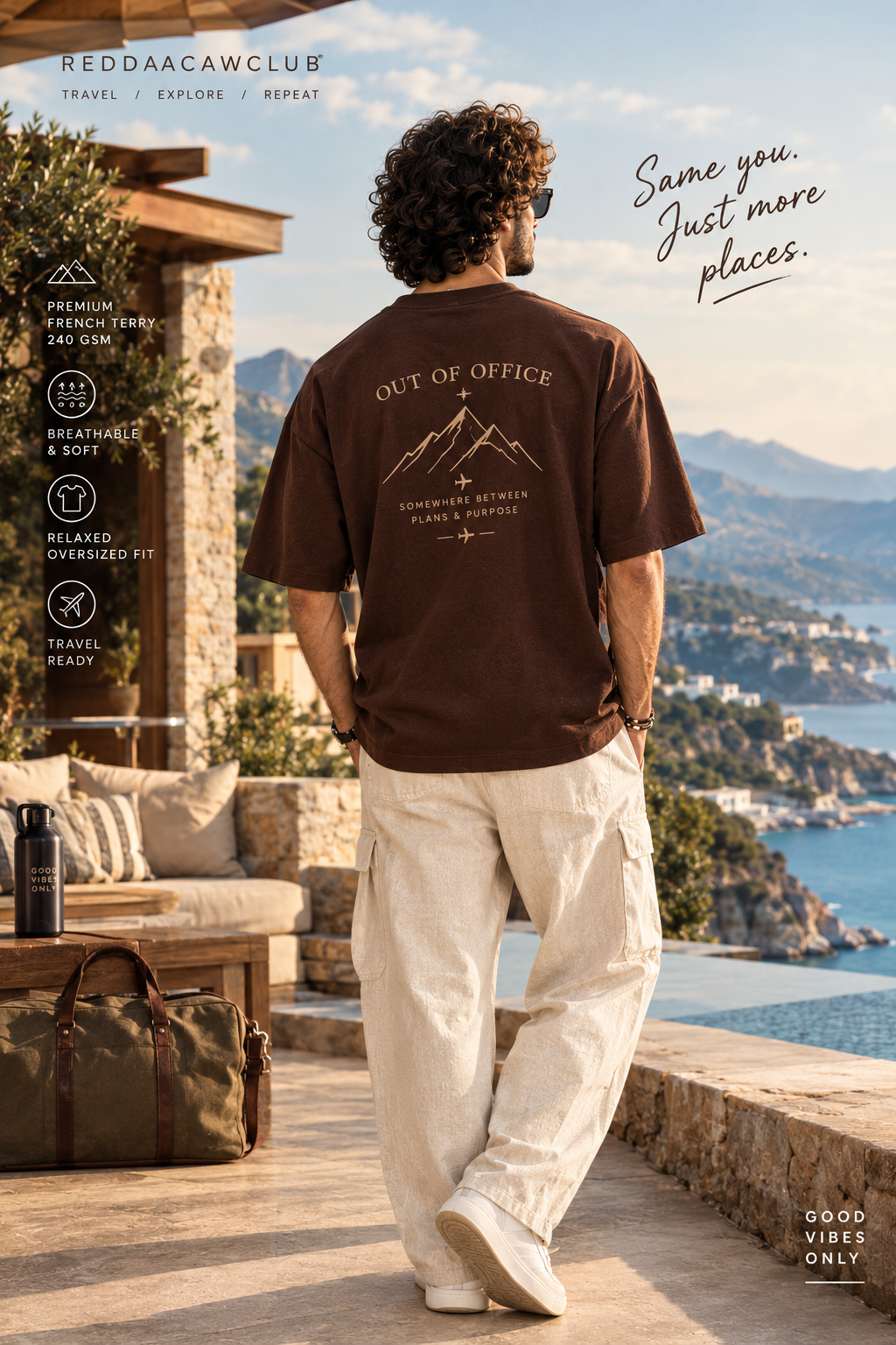 TRAVEL TEE - OUT OF OFFICE OVERSIZED DROP SHOULDER COFEE BROWN 240 GSM FRENCH TERRY