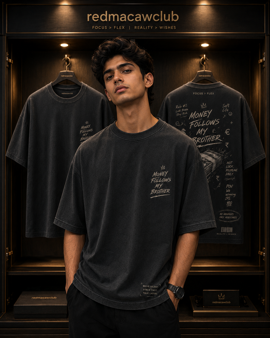 Money Follows My Brother- Oversized Drop Shoulder Streetwear Tshirt-Smokey Gray