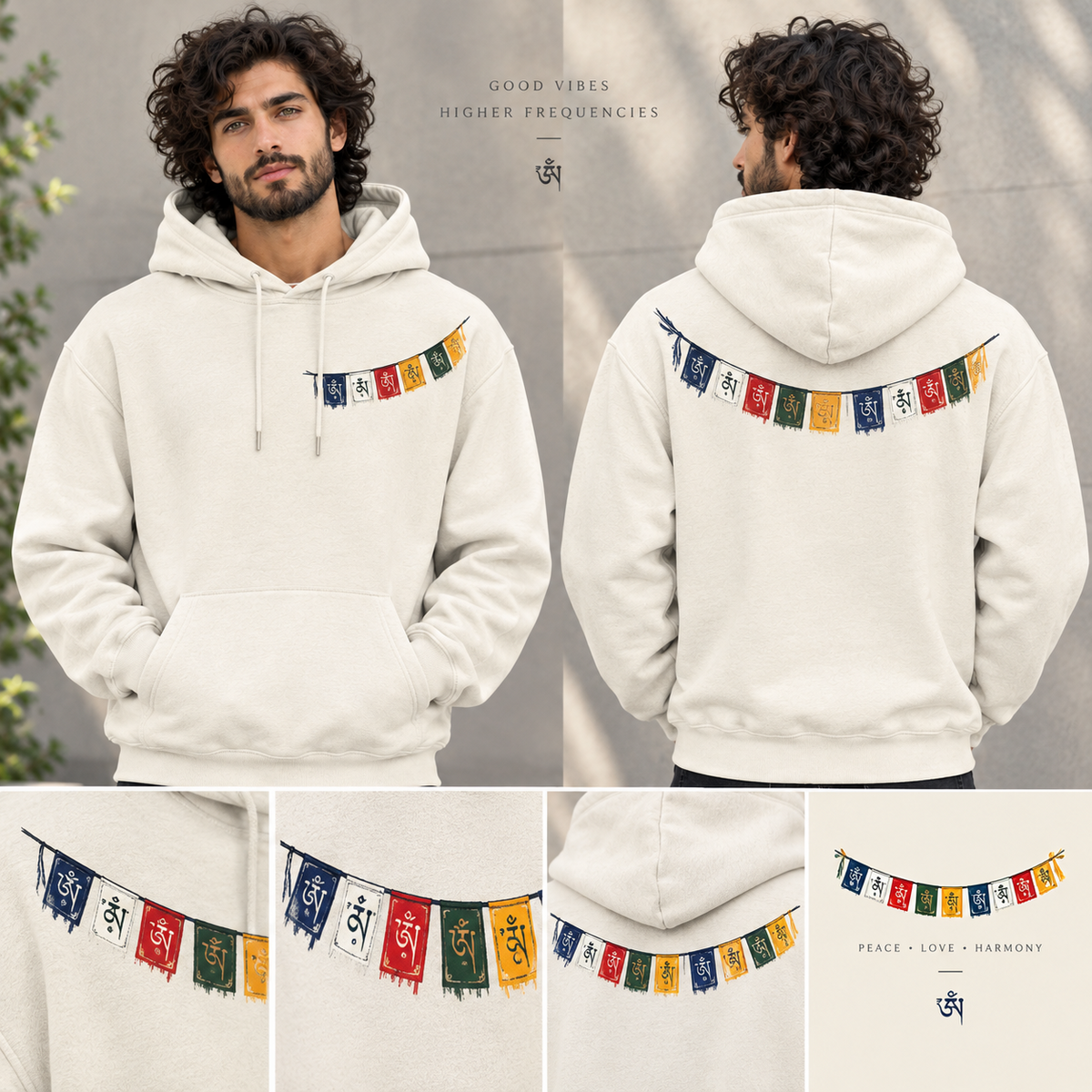 Tibetan prayer flags (Lung ta) White Hoodie-350 GSM