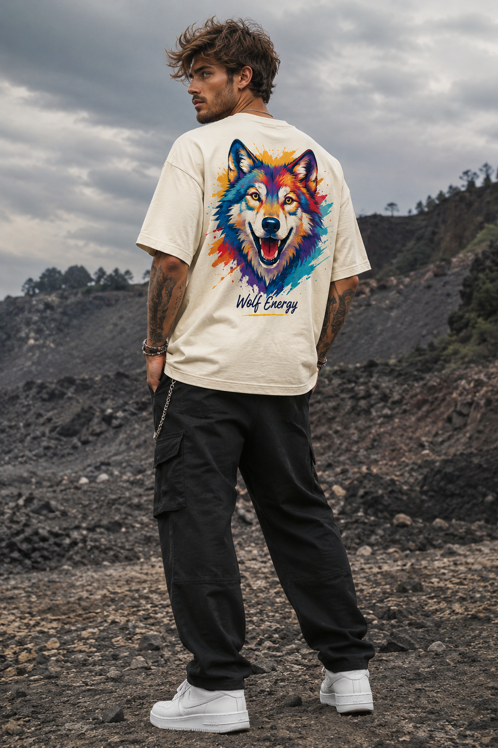 Wildlife Club-Oversized Drop Shoulder Streetwear Tshirt-Beige Colour