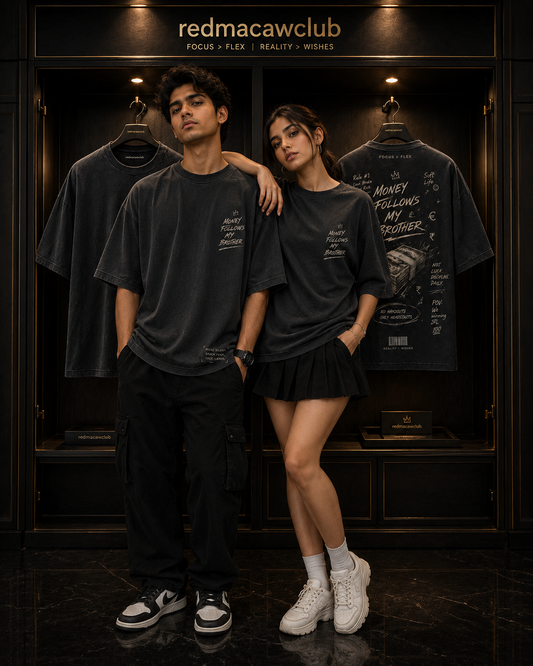 Money Follows My Brother- Oversized Drop Shoulder Streetwear Tshirt-Smokey Gray