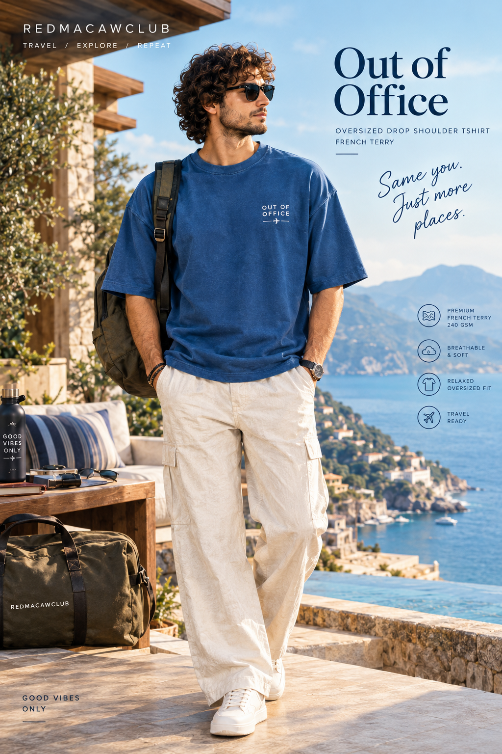 TRAVEL TEE - OUT OF OFFICE OVERSIZED DROP SHOULDER COOL BLUE TEE - 240 GSM FRENCH TERRY