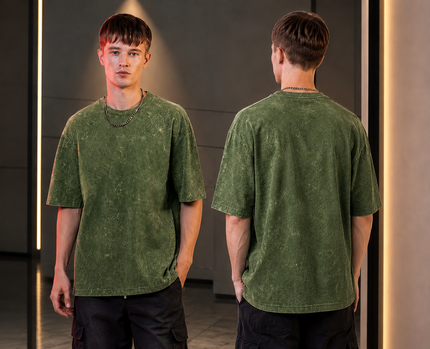 Oversized acid-wash Streetwear Tshirt-olive green