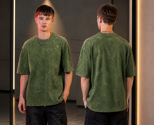 Oversized acid-wash Streetwear Tshirt-olive green