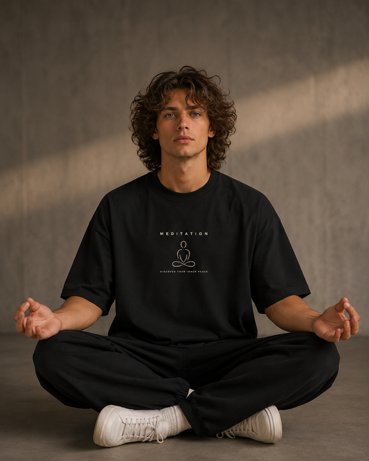 Meditation-Oversized Drop Shoulder Tshirt-Black Colour