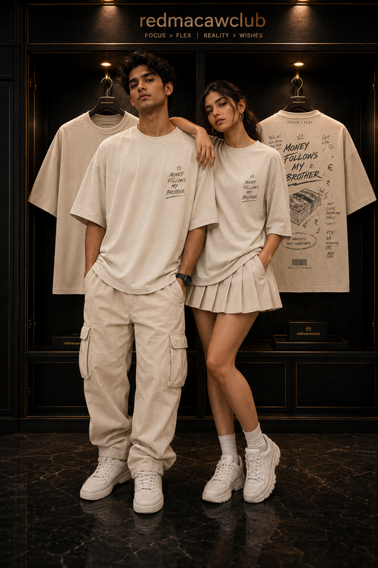 Money Follows My Brother-Oversized Drop Shoulder Streetwear Tshirt- Beige colour