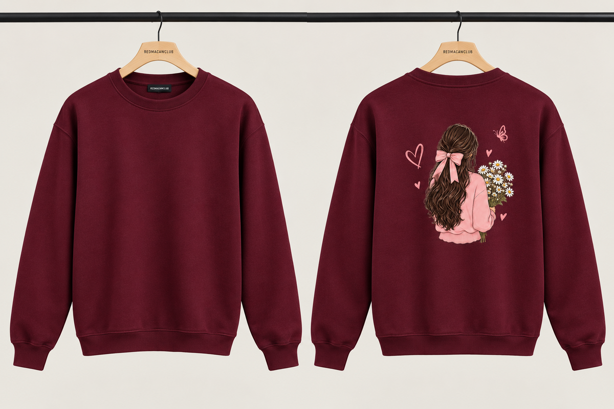 Girl With Flower- Crewneck Maroon Sweatshirt-300 GSM