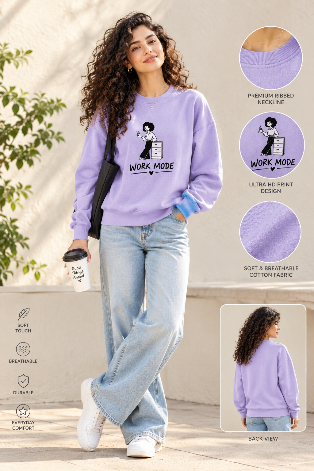 WORK MODE - WOMEN’S LAVENDER SWEATSHIRT- 300 GSM