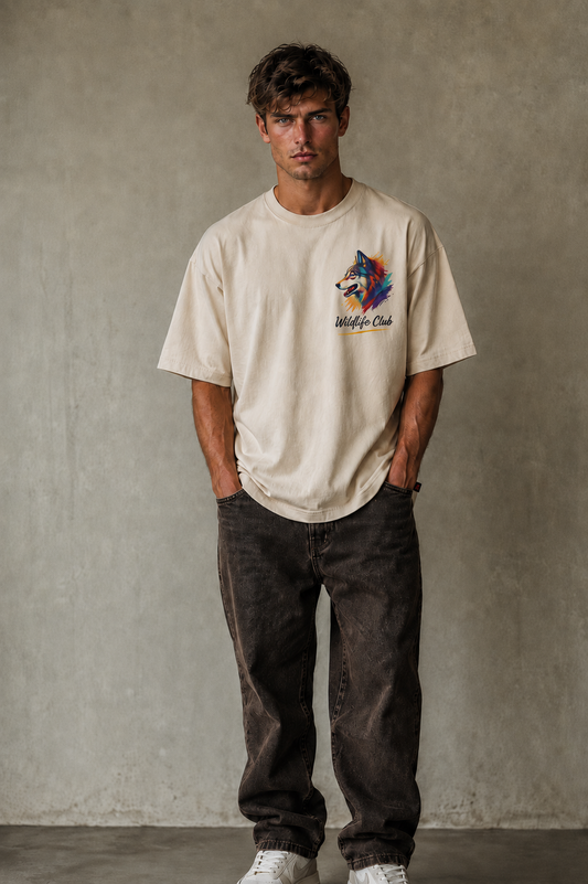 Wildlife Club-Oversized Drop Shoulder Streetwear Tshirt-Beige Colour