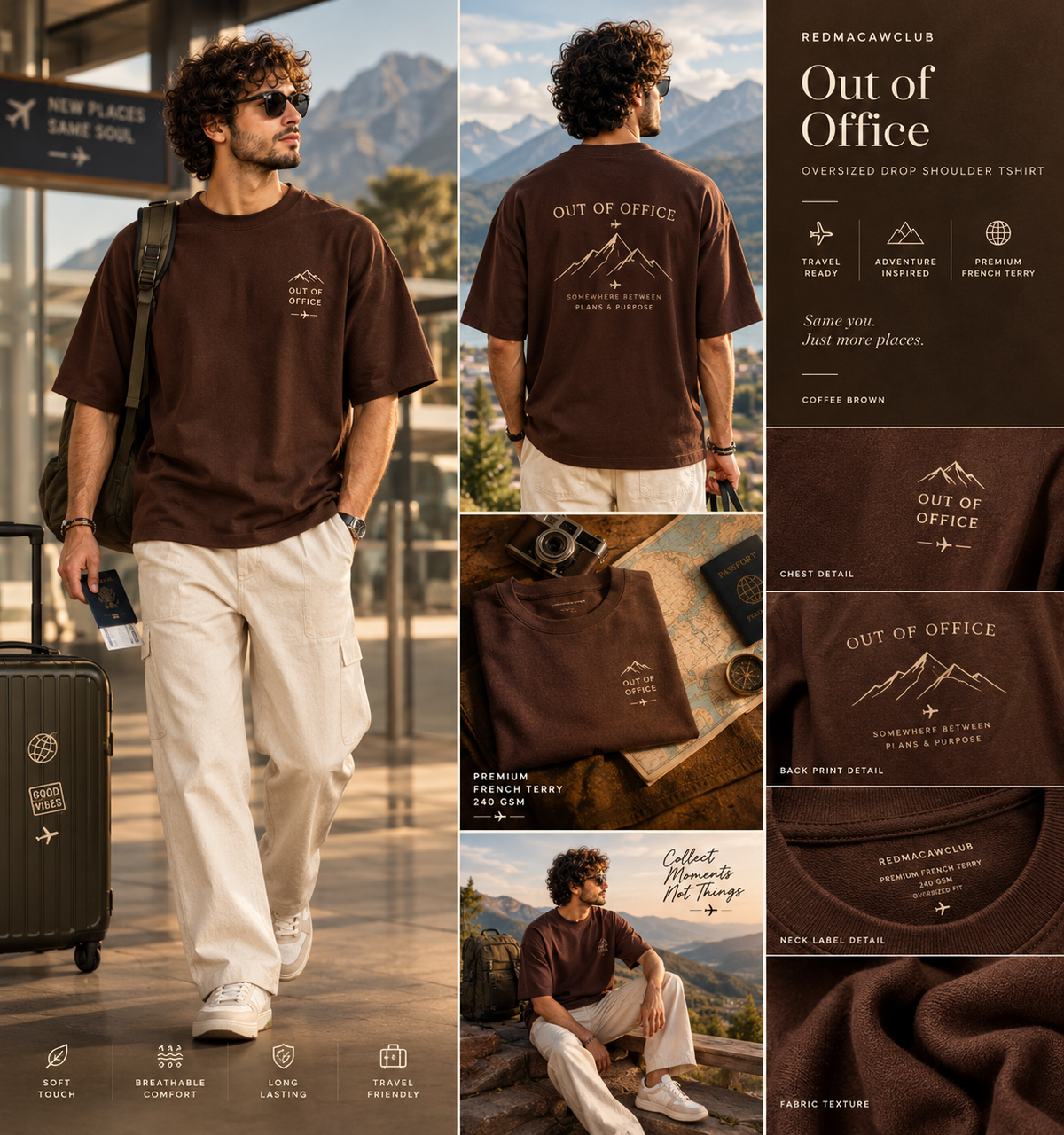TRAVEL TEE - OUT OF OFFICE OVERSIZED DROP SHOULDER COFEE BROWN 240 GSM FRENCH TERRY