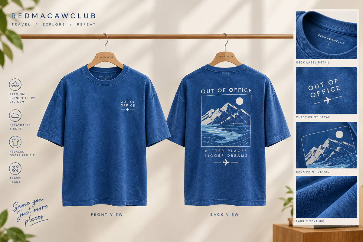 TRAVEL TEE - OUT OF OFFICE OVERSIZED DROP SHOULDER COOL BLUE TEE - 240 GSM FRENCH TERRY