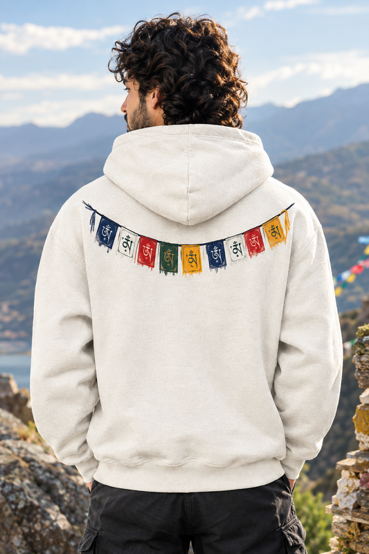 Tibetan prayer flags (Lung ta) White Hoodie-350 GSM