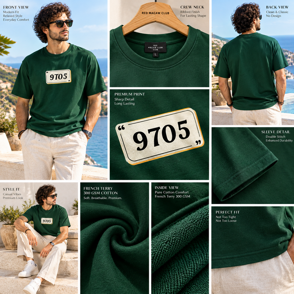 9 To 5 - CREW NECK REGULAR FIT FOREST GREEN TEE - 240 GSM