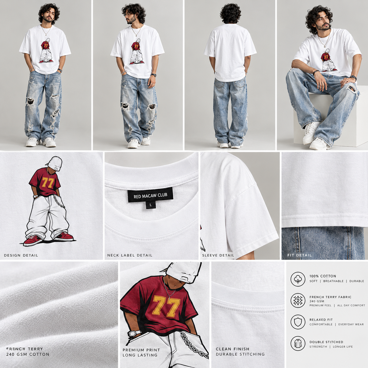 Y2K HIP HOP - OVERSIZED DROP SHOULDER WHITE TEE - 240 GSM FRENCH TERRY