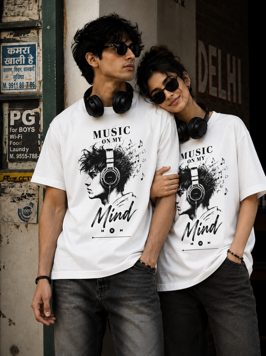 Live Through Music-Oversized Drop Shoulder Tshirt-White Colour