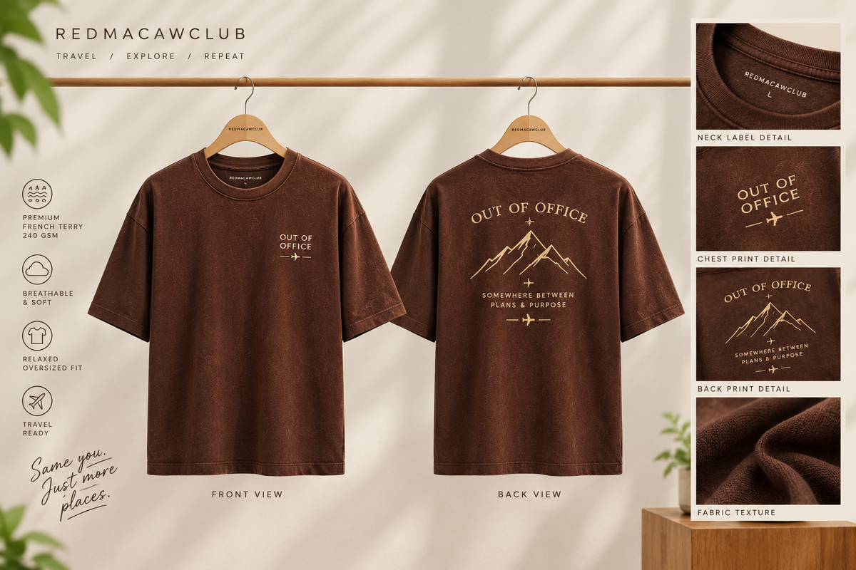 TRAVEL TEE - OUT OF OFFICE OVERSIZED DROP SHOULDER COFEE BROWN 240 GSM FRENCH TERRY
