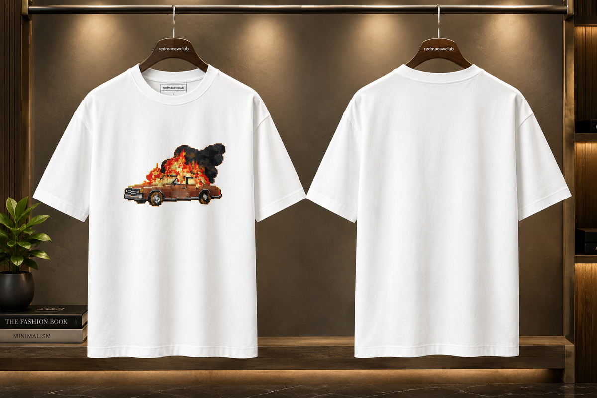 Retro Pixel Art-Car on Fire-Regular Slim Fit Crew Neck White T-shirts