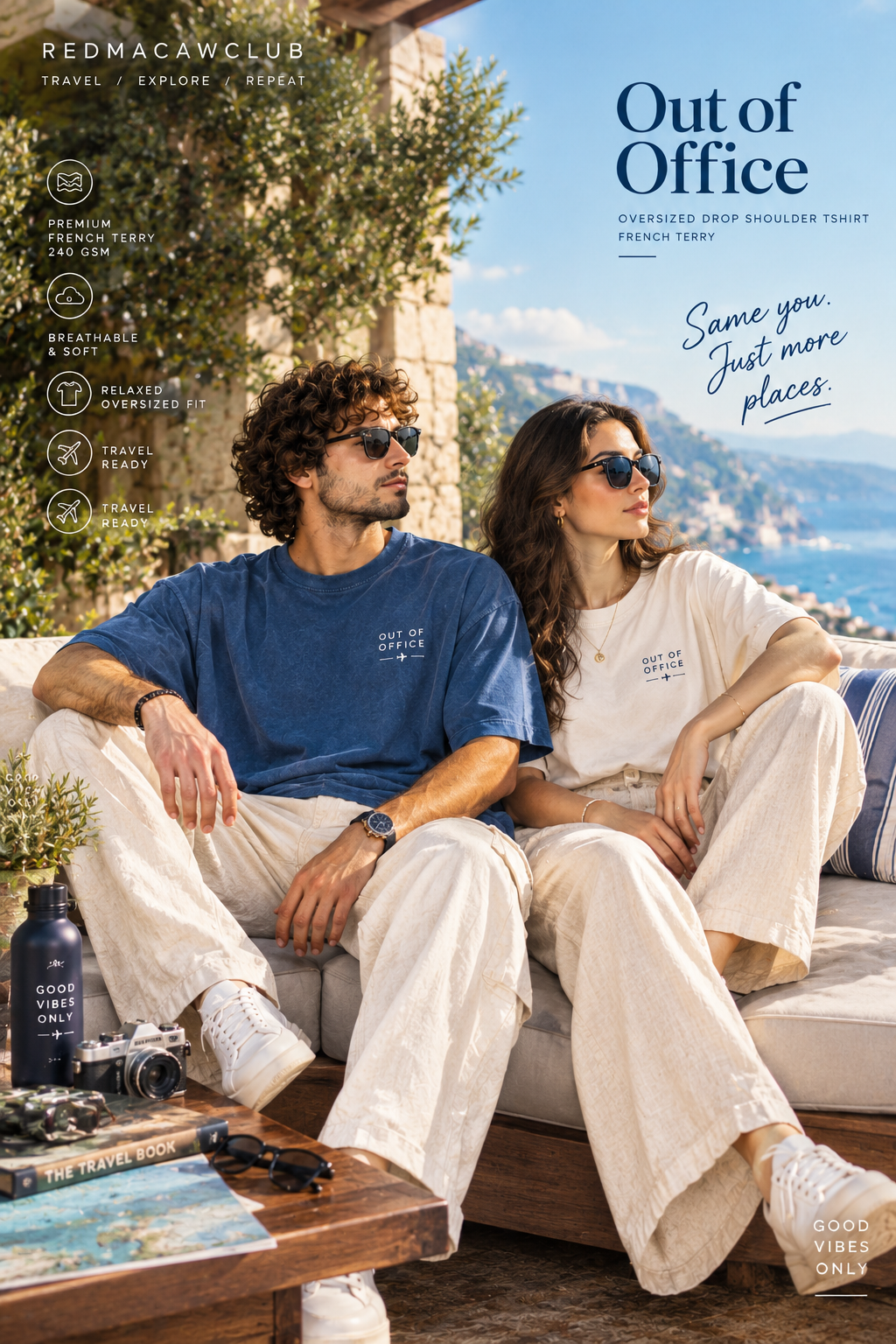 TRAVEL TEE - OUT OF OFFICE OVERSIZED DROP SHOULDER COOL BLUE TEE - 240 GSM FRENCH TERRY