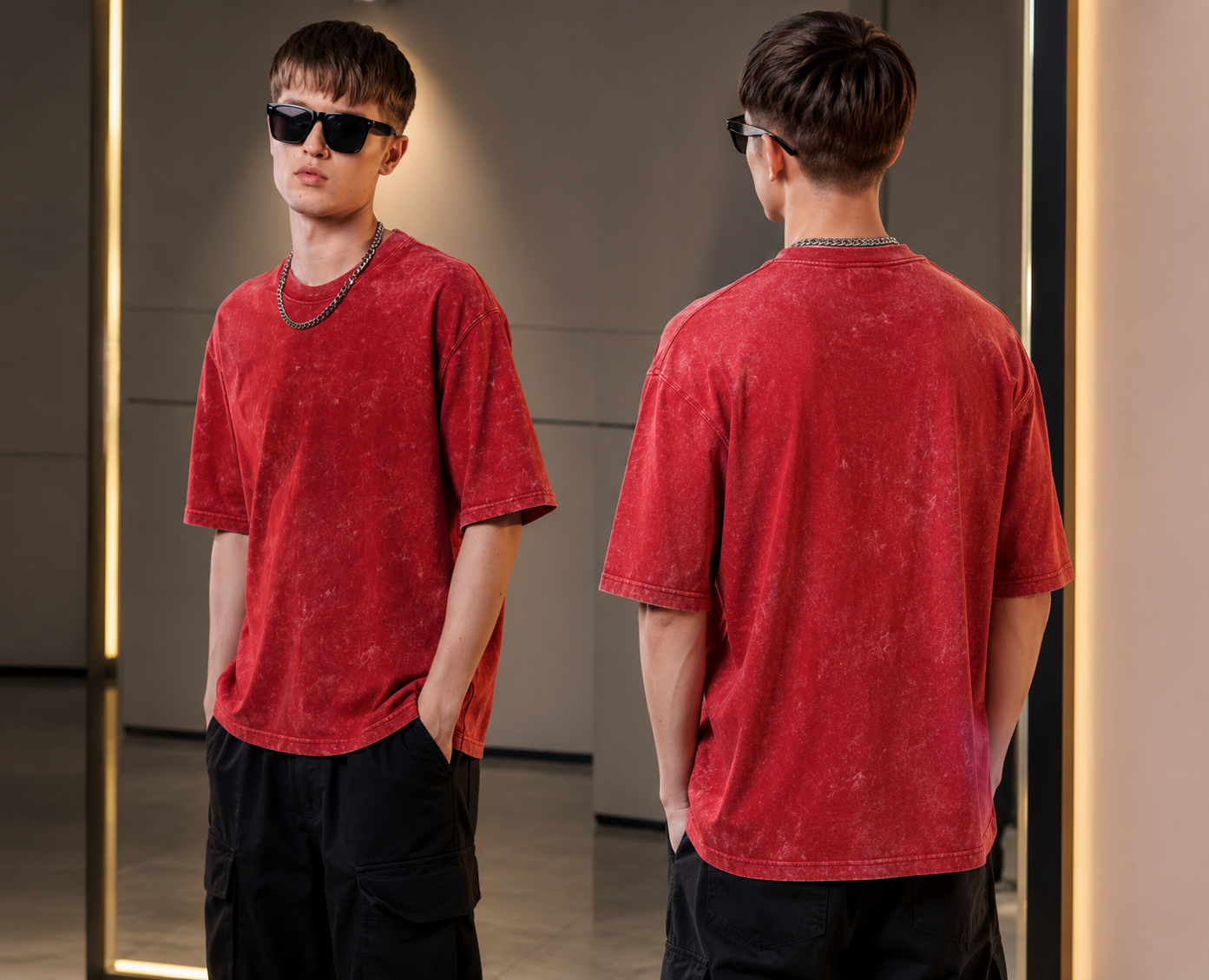 Oversized acid-wash streetwear Tshirt - Vibrant Red