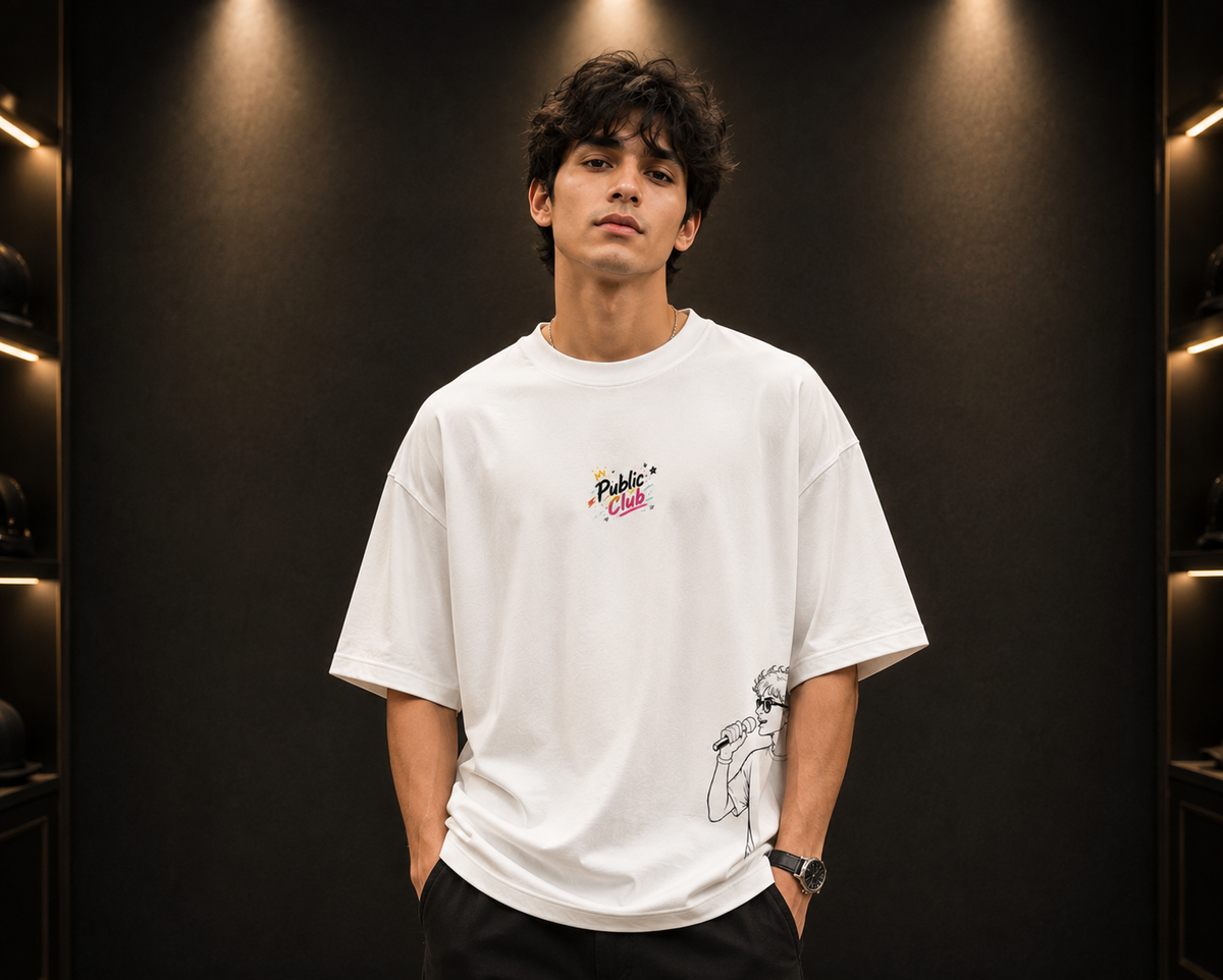 Public Club-Oversized Drop Shoulder Streetwear Tshirt-White Colour