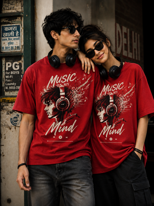 Live Through Music-Oversized Drop Shoulder Tshirt-Crimson Red