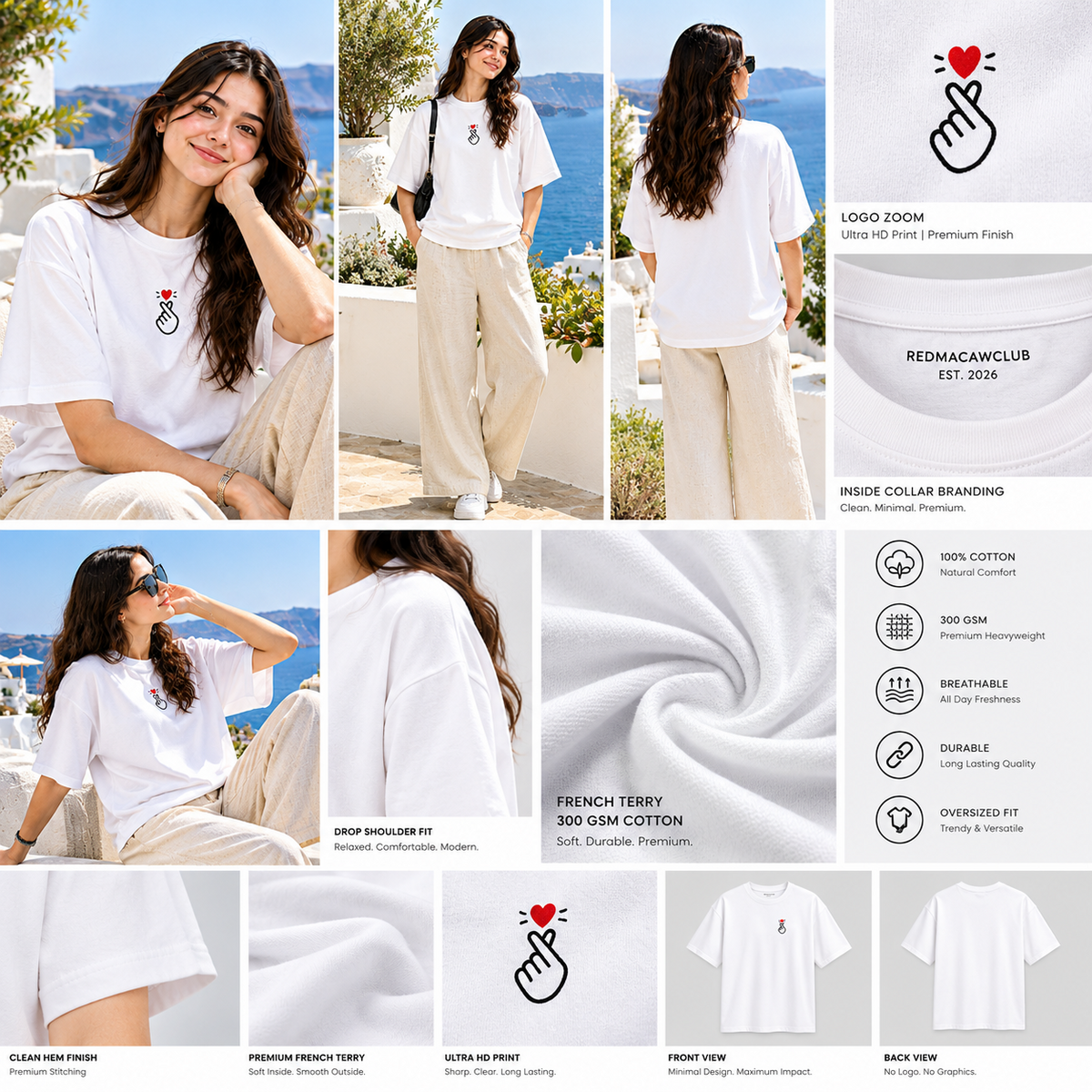 K HEART- OVERSIZED DROP SHOULDER WHITE TEE - 240 GSM