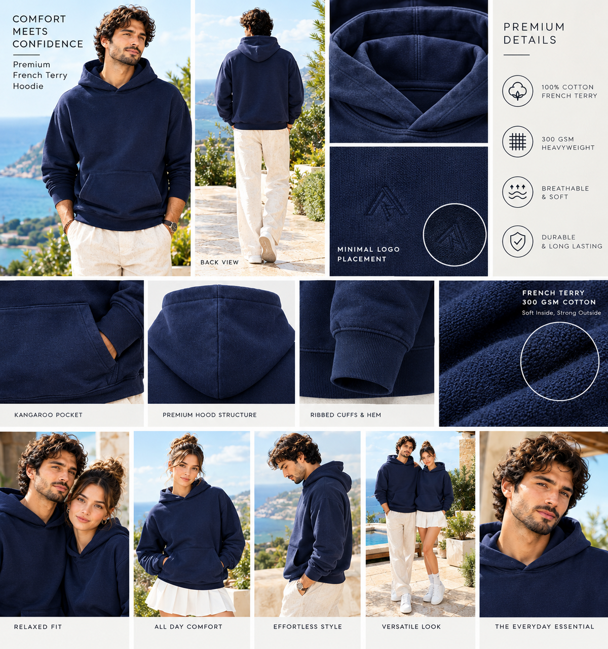 MINIMALIST UNISEX NAVY BLUE HOODIE - 300 GSM FRENCH TERRY