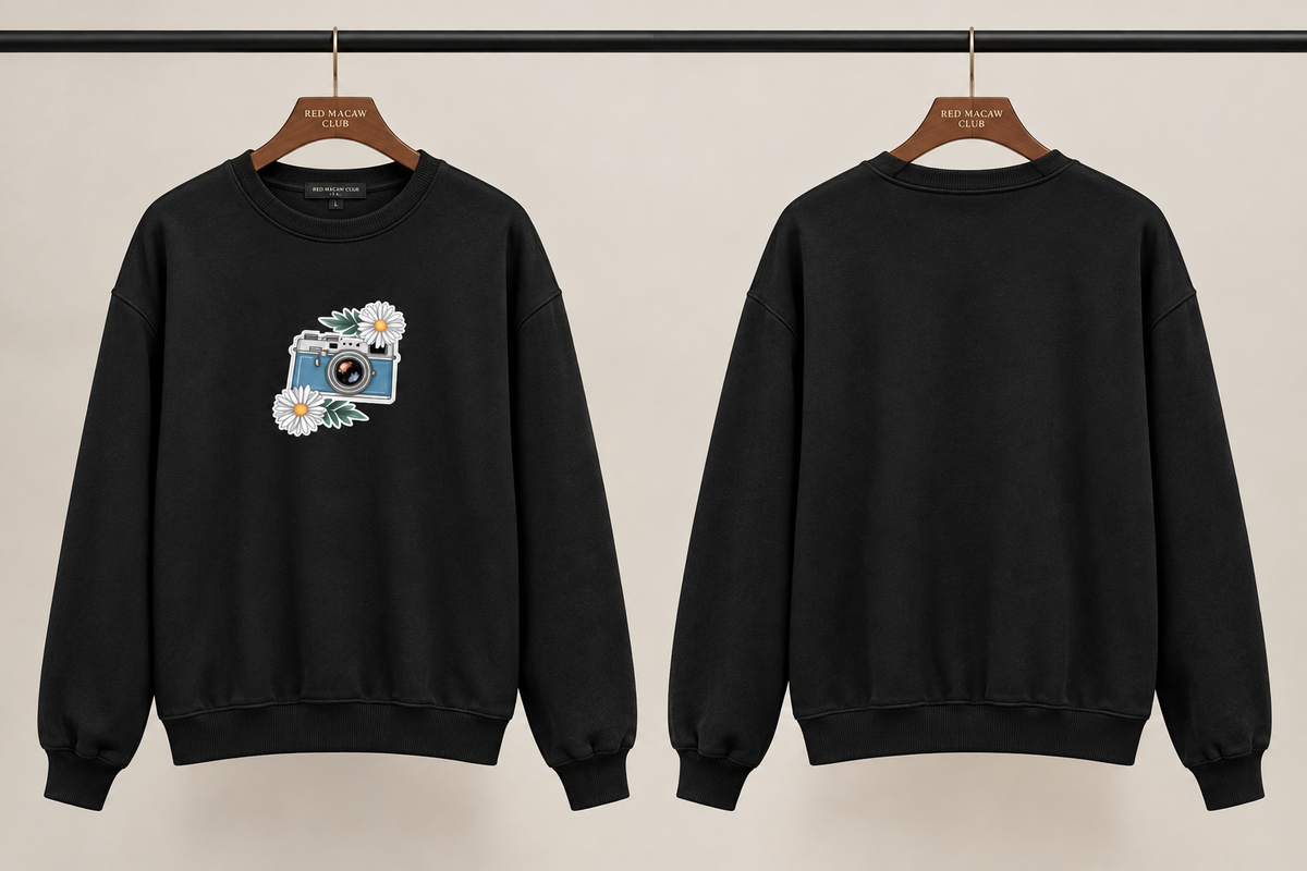 FLORAL CAMERA- WOMENS BLACK HOODIE- 300 GSM