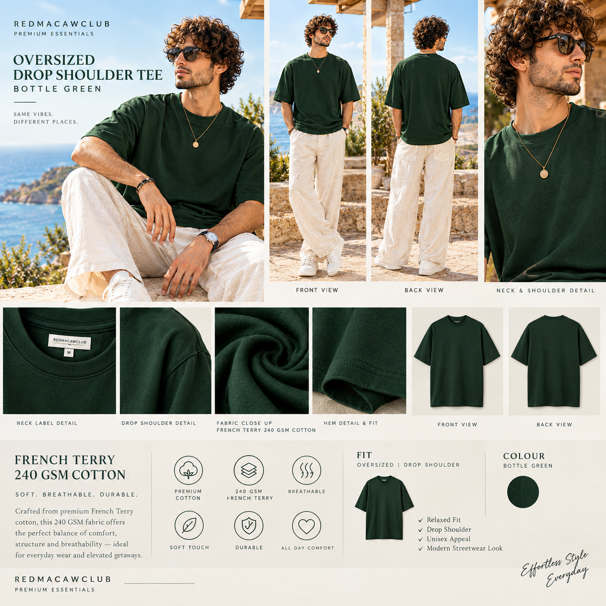 MINIMALIST OVERSIZED DROP SHOULDER GREEN TEE - 240 GSM FRENCH TERRY