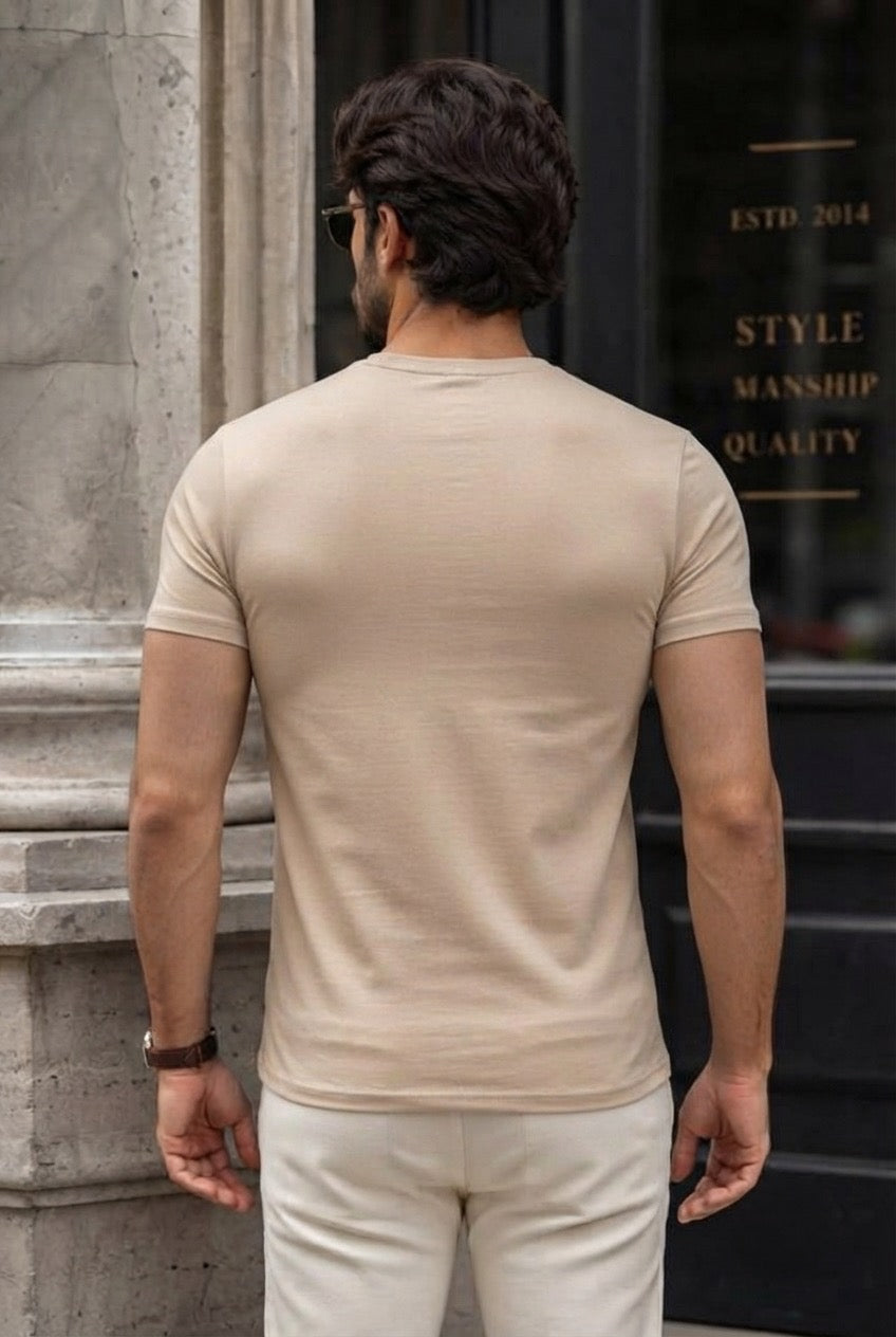 MINIMALIST REGULAR SLIM FIT BEIGE TEE - 240 GSM FRENCH TERRY