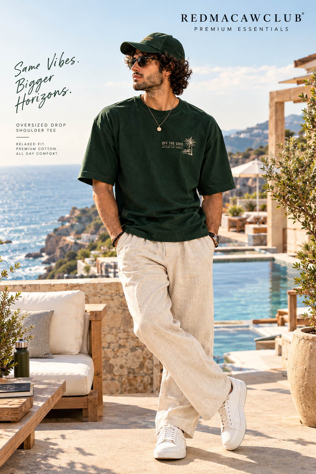 OFF THE GRID OVERSIZED DROP SHOULDER GREEN TEE - 240 GSM FRENCH TERRY