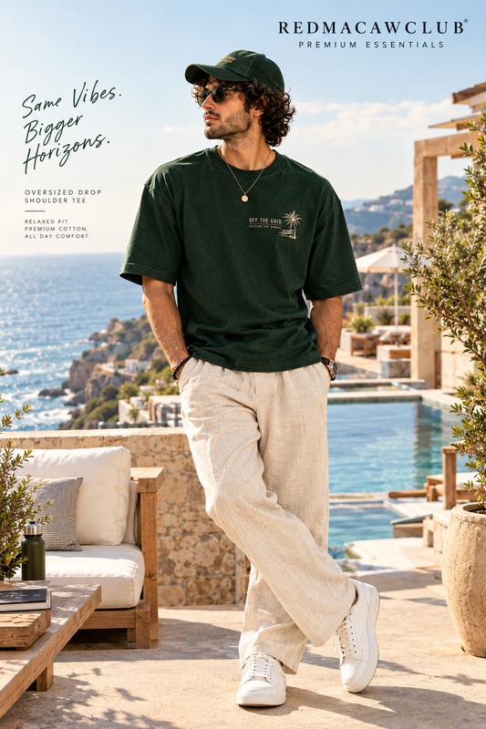 OFF THE GRID OVERSIZED DROP SHOULDER GREEN TEE - 240 GSM FRENCH TERRY
