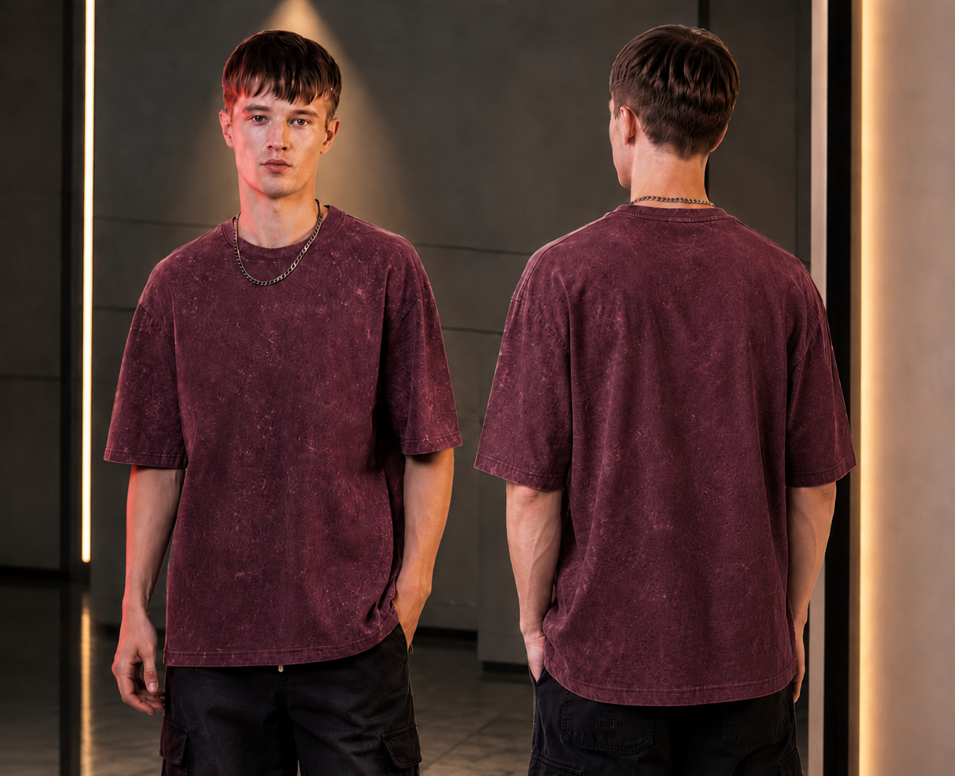Oversized acid-wash street wear Tshirt-Grape wine /Maroon