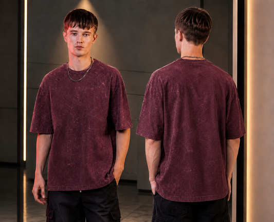 Oversized acid-wash street wear Tshirt-Grape wine /Maroon