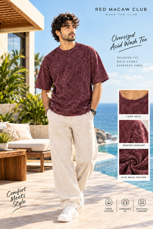 MINIMALIST UNISEX OVERSIZED ACID WASH MAROON TEE - 260 GSM