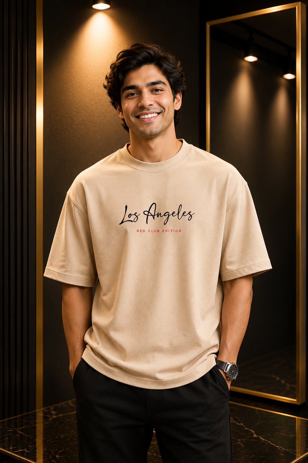 Red Club Edition- Oversized Streetwear Graphic Tshirt-Beige colour