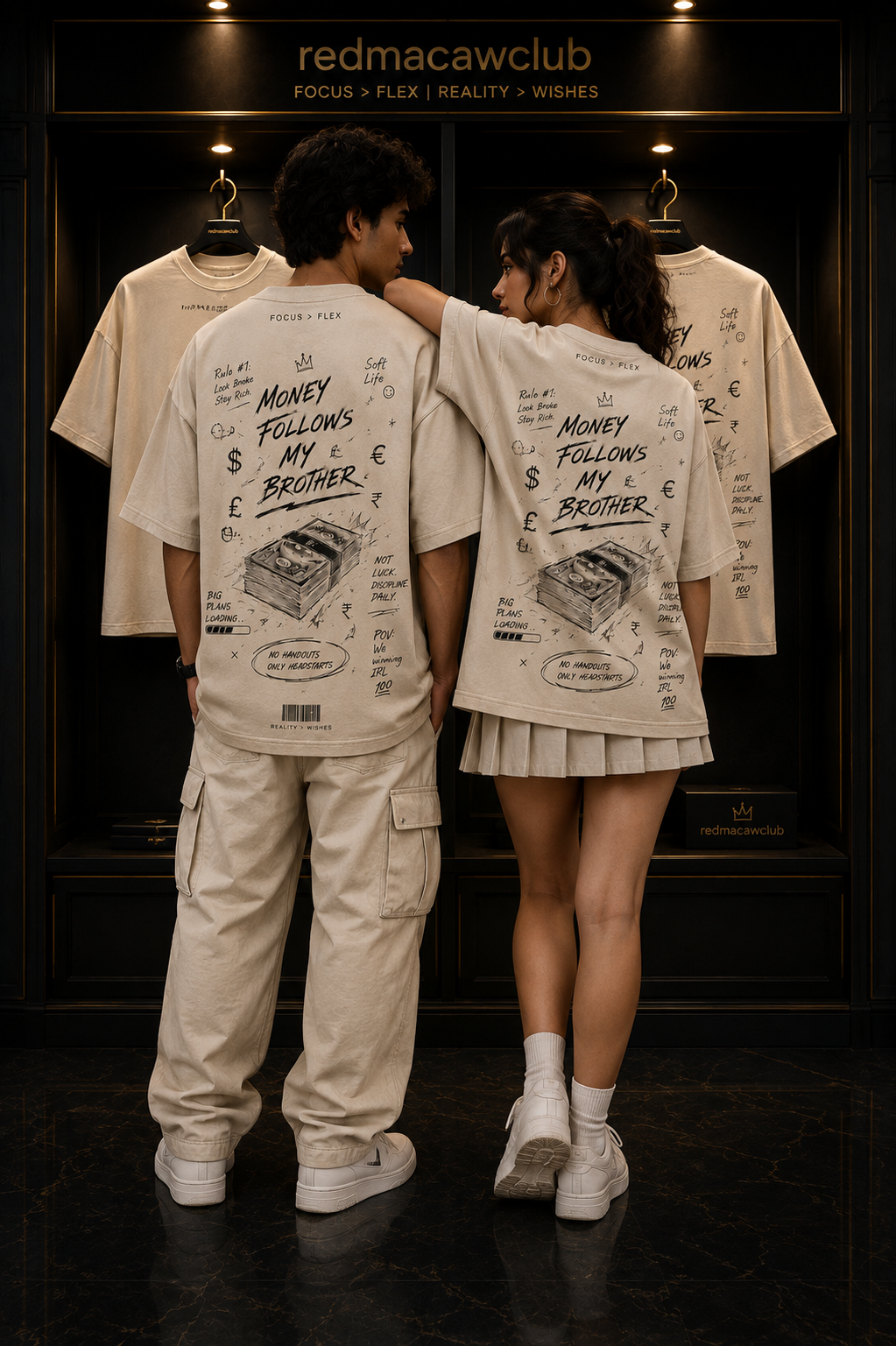 Money Follows My Brother-Oversized Drop Shoulder Streetwear Tshirt- Beige colour